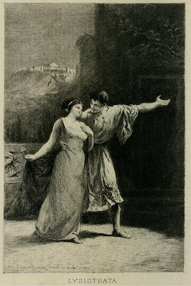 Ilustración que representa una escena de Lisístrata de Aristófanes