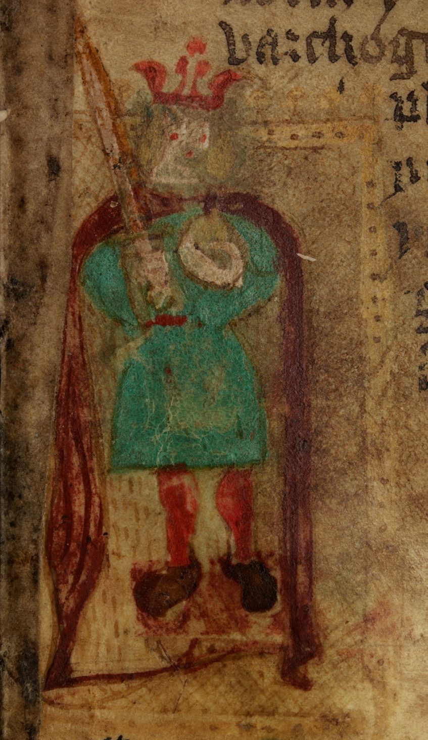 Representación de Aurelio Ambrosio de un manuscrito de Historia Regum Britanniae, siglo XV, Gales