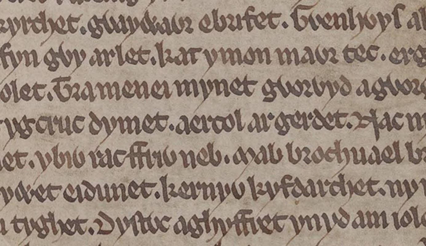 Libro de Taliesin, folio 22r, mostrando el nombre de Aircol en el texto del poema Trawsganu Kynan Garwyn mab Broch