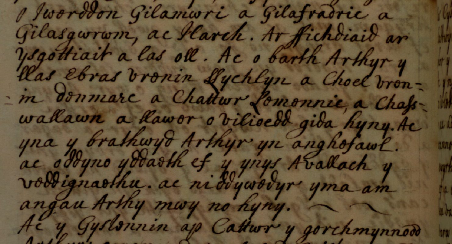 Folio del Brut Tysilio donde se muestra la muerte de Caswallon en las líneas cinco y seis