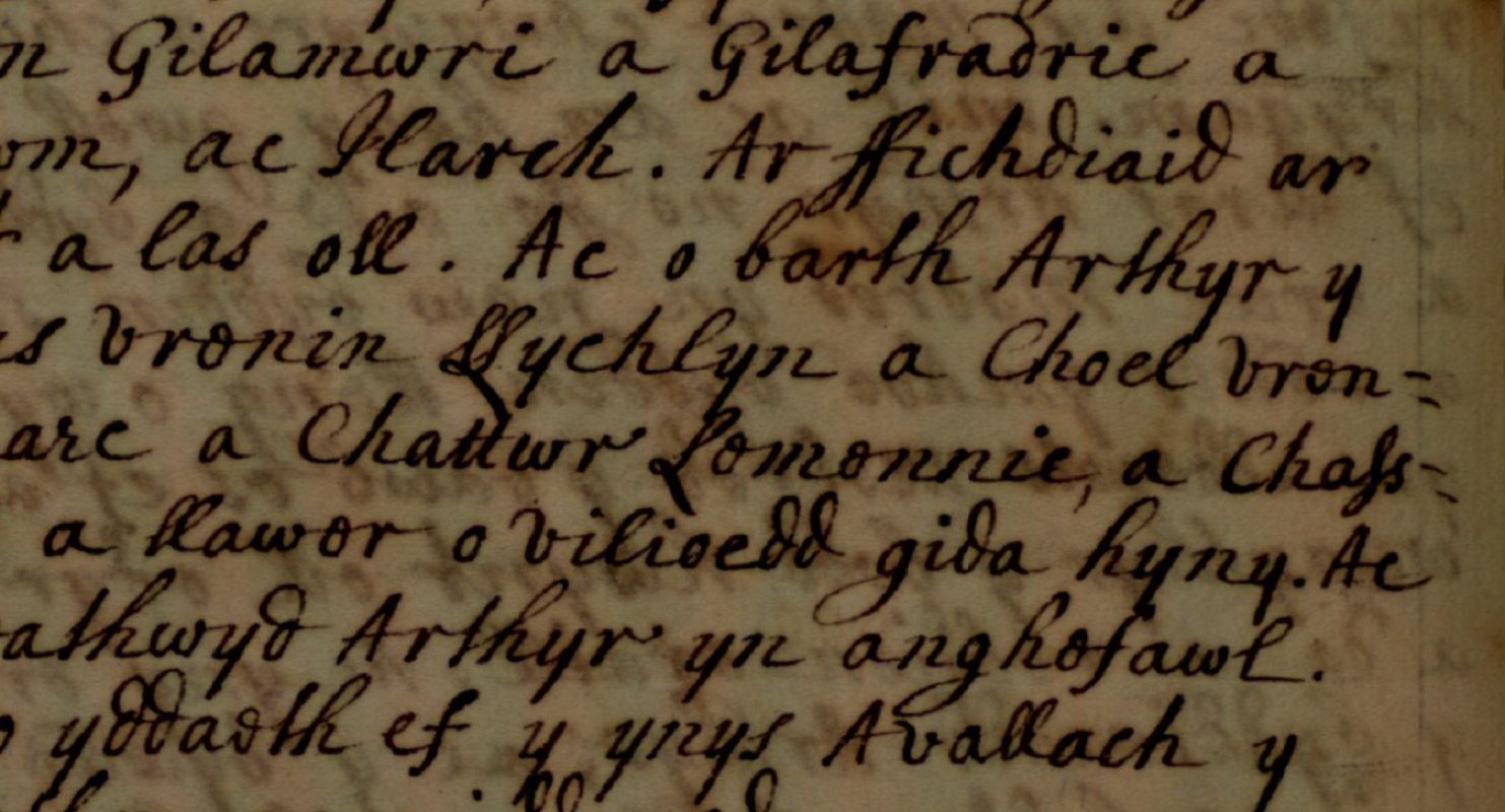 Brut Tysilio, Jesus College MS 28, página 168, que muestra a Coel (Choel), rey de Dinamarca, en la cuarta línea