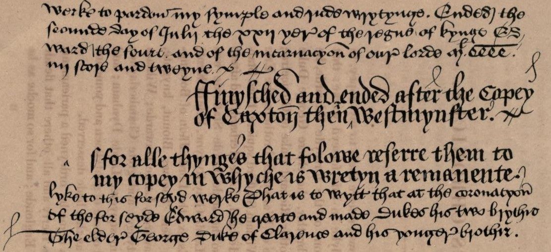 Fin de la copia del Brut de Caxton y comienzo de la crónica original de John Warkworth: facsímil del Cambridge Peterhouse MS 190 f 214v