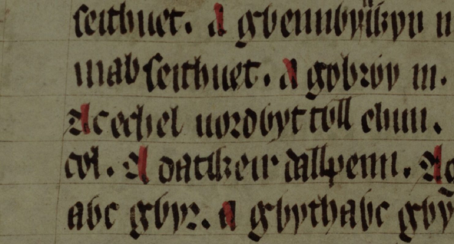 Culhwch y Olwen, folio 201v, que muestra a Echel Forddwyd-Twll en la línea central