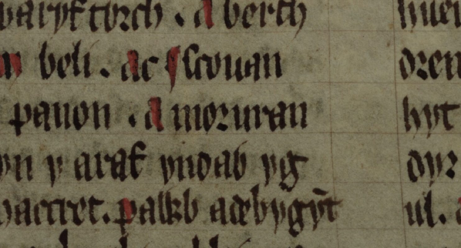 Culhwch and Olwen, folio 202r, donde se muestra a Morfran (‘Morvran’) en el centro