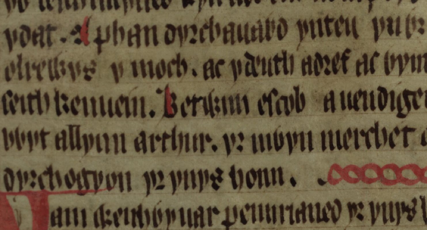 Culhwch and Olwen, folio 203r, que muestra al obispo Bedwini (Betwini escob) en el centro, Biblioteca Bodleiana, Oxford