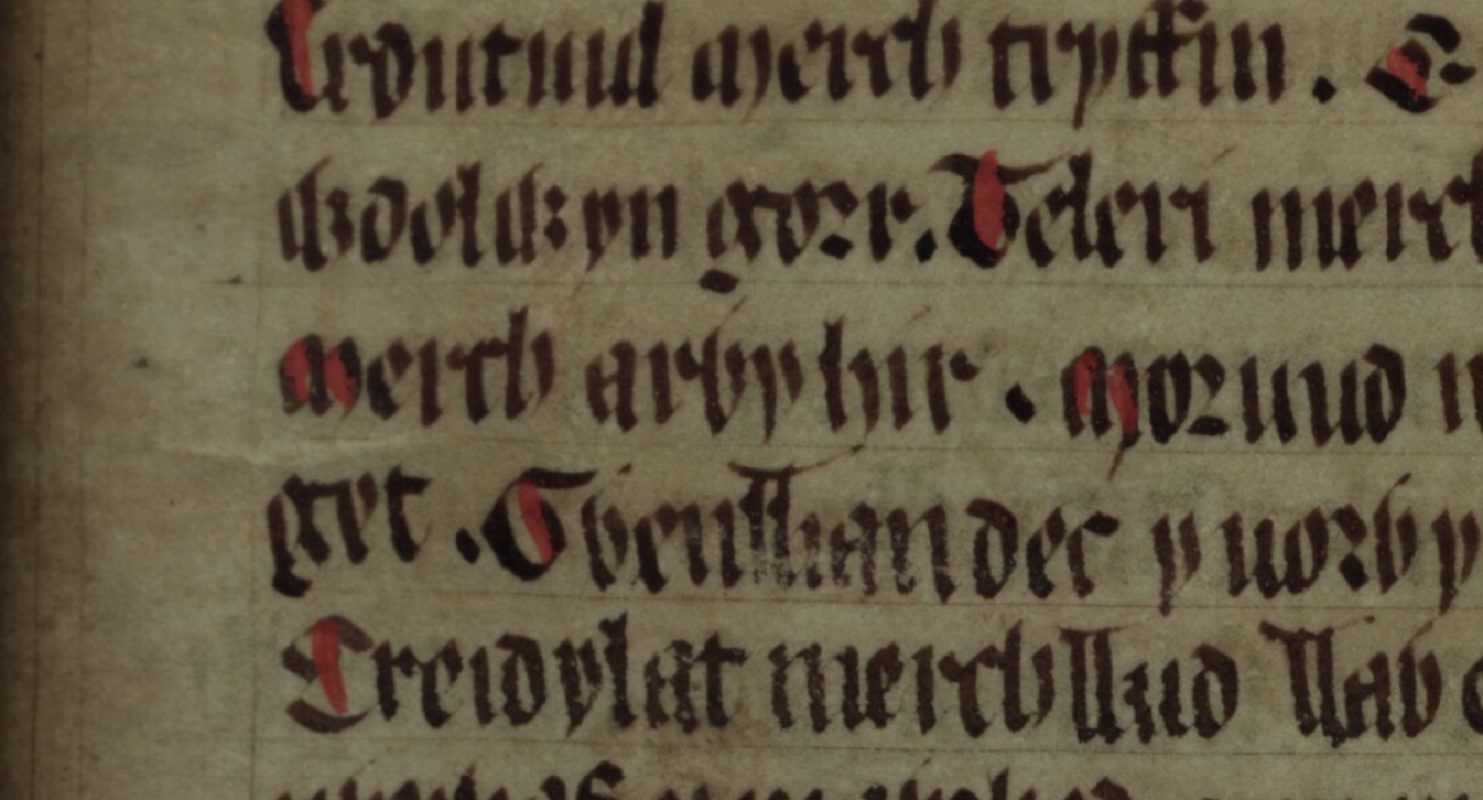 Culhwch and Olwen, folio 203r, donde se muestra a Garwy Hir (‘Arwy hir’) en el centro