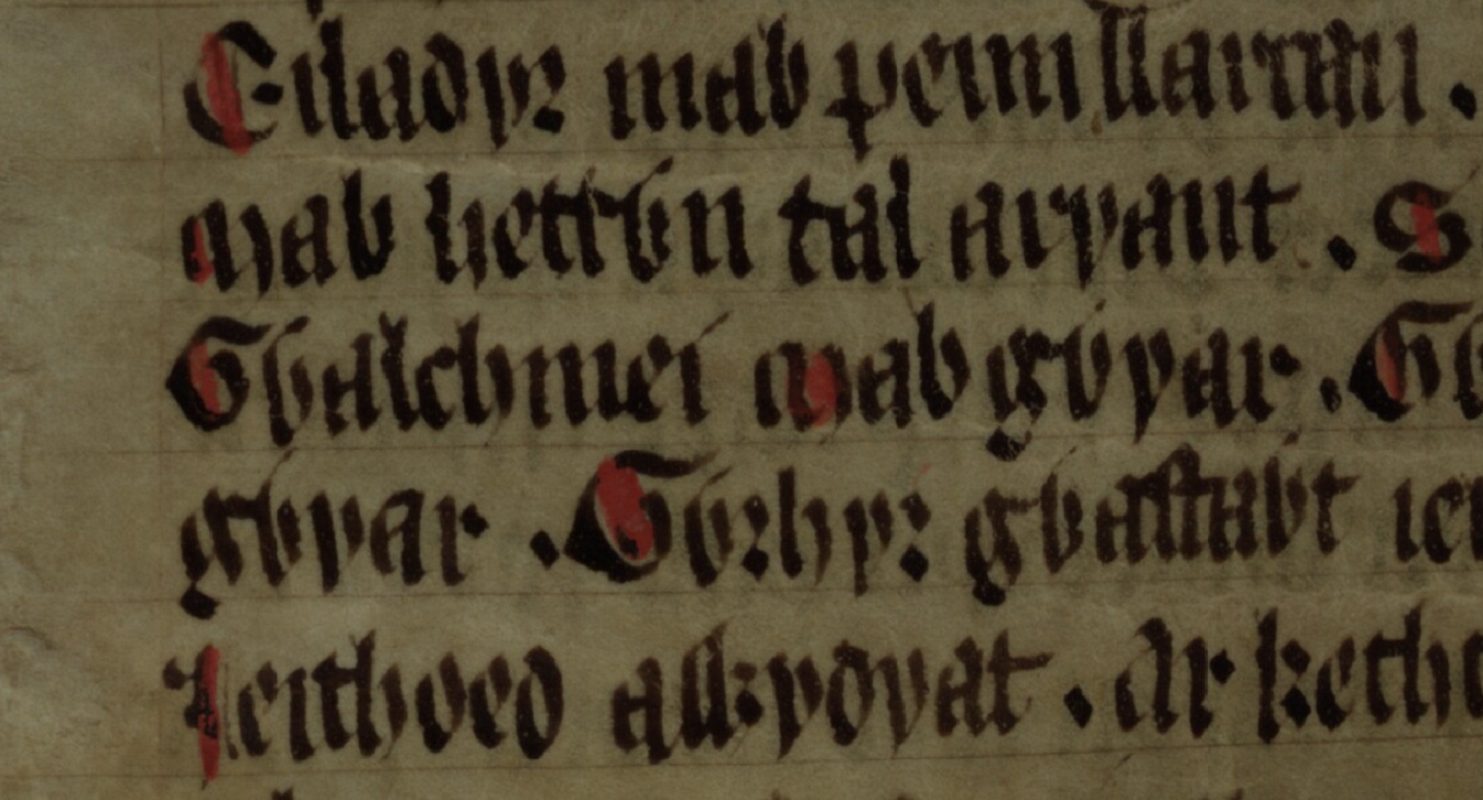 Culhwch and Olwen, folio 202v, se muestra al caballero de Arturo Gwalchmai en la línea central