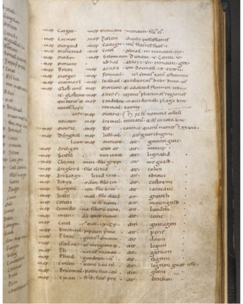 La genealogía de Athrwys en el manuscrito harleiano MS 3859, folio 195r, siglo XII