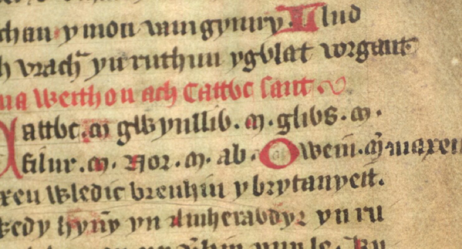 Jesus College MS 20, folio 34r, que muestra a Glywys al final de la línea central