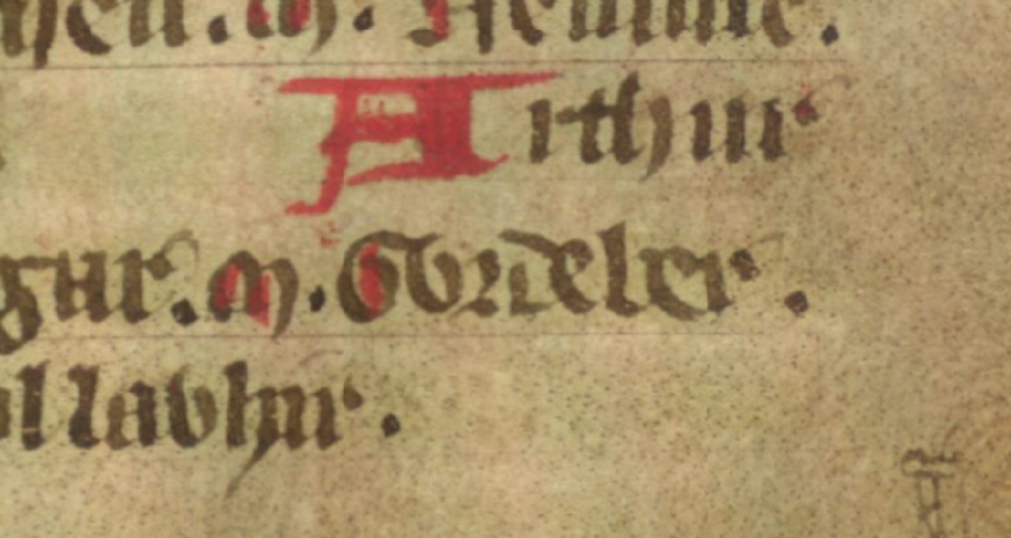 Jesus College MS 20, folio 36r, donde se muestra al Vortipor de Gildas como Gwrdeber, abuelo de Pedr de Dyfed