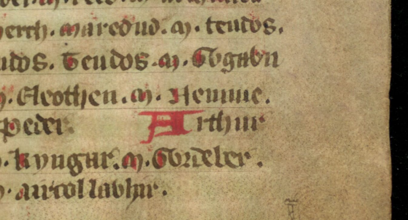 Jesus College MS 20, folio 36r, donde se muestra a Nowy, hijo de Arturo, escrito ‘Nennue’ en este documento