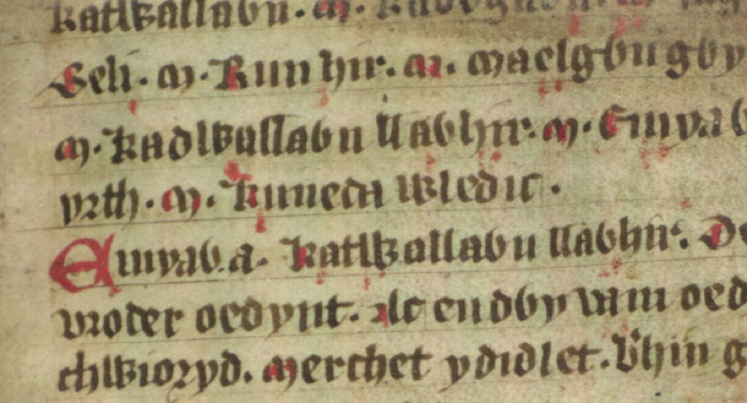 Jesus College MS 20, folio 38r, que muestra a Cunedda Wledig como ancestro de Maelgwn Gwynedd, Biblioteca Bodleiana, Oxford