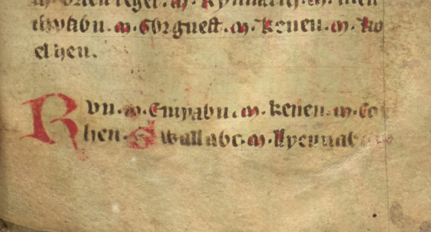 Jesus College MS 20, folio 38r, que muestra a Gwallog y su padre Lleenog justo al final