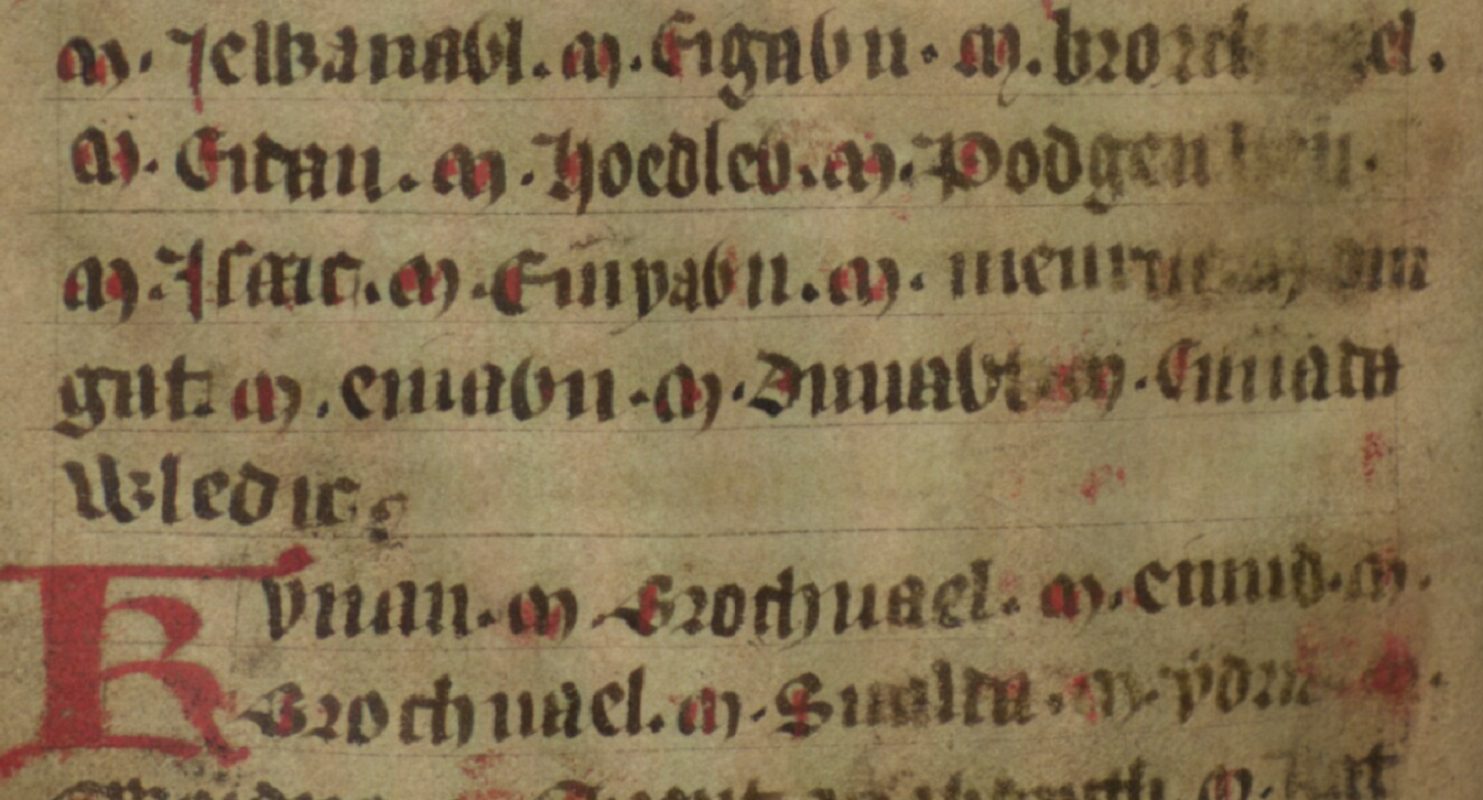 Jesus College MS 20, folio 39v, donde se muestra parte del probable linhaje verdadero de Cadwallon en la cuarta línea, Bodleian Library, Oxford
