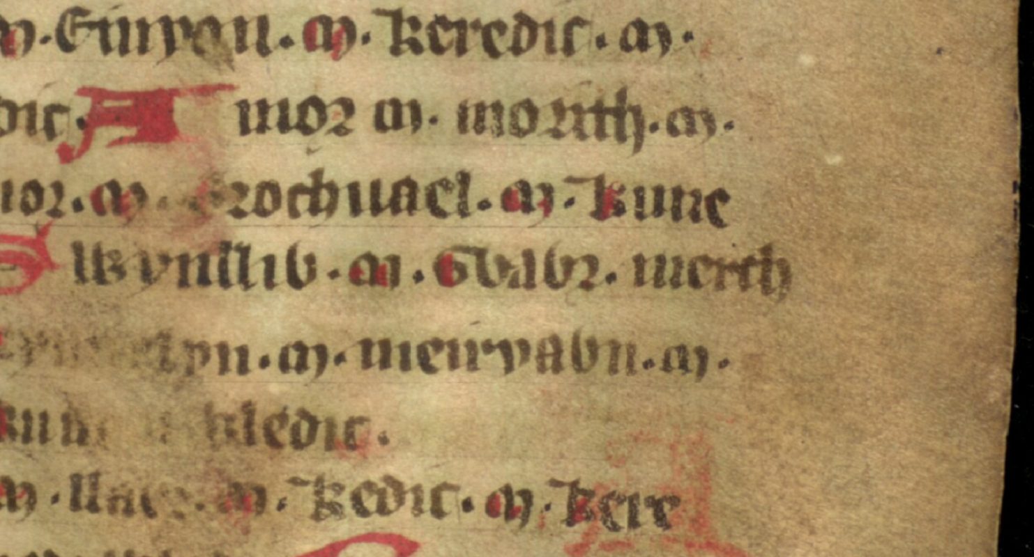 Jesus College MS 20, folio 40r, que muestra a Gwawr en el centro, la probable Igerna histórica