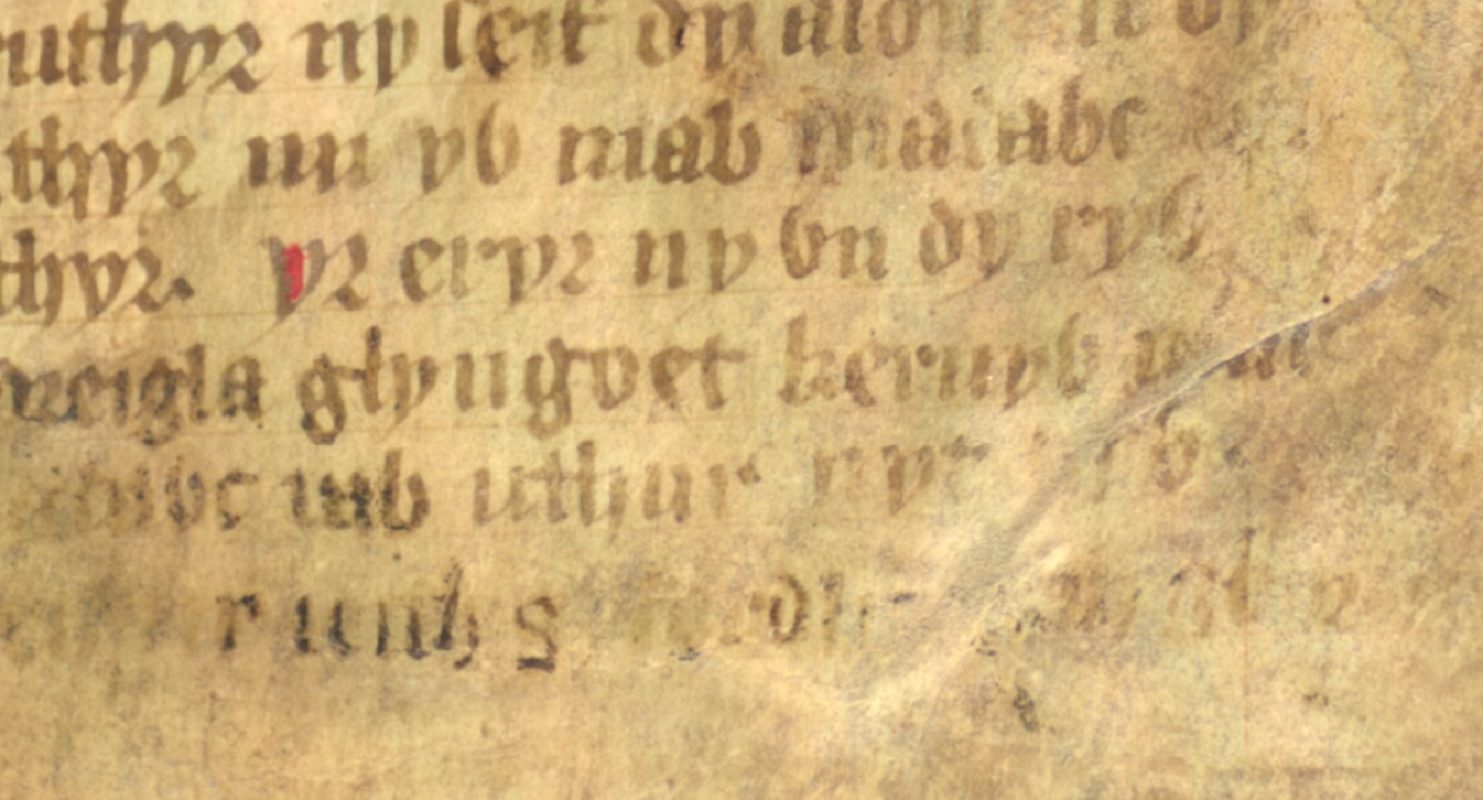 Jesus College MS 20, folio 1r, que muestra «glyn goet kernyw» en el poema Arturo y el Águila