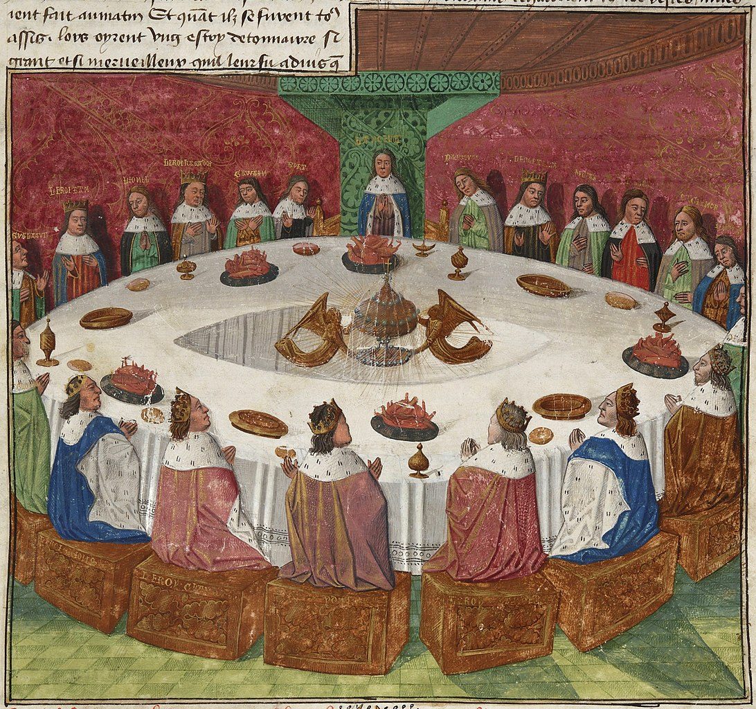 Ilustración del rey Arturo y sus caballeros en la Mesa Redonda, del BNF 112, manuscrito iluminado del Lancelot en prosa, Evrard d'Espinques, 1470