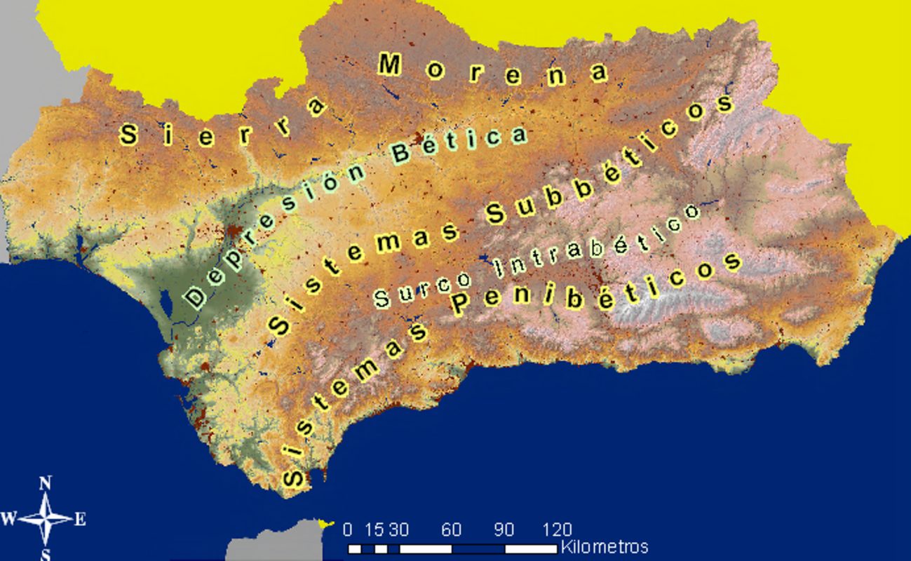 Mapa español que muestra la Depresión Bética extendiéndose por Andalucía, por Jompy, CC-BY 3.0