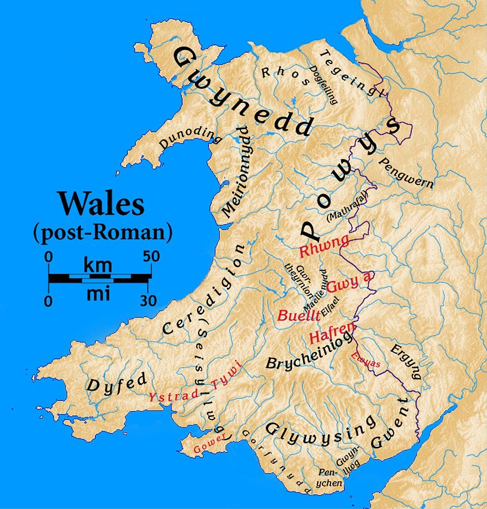 Mapa que muestra la ubicación del reino de Gwynedd, el territorio de Cadwallon Lawhir