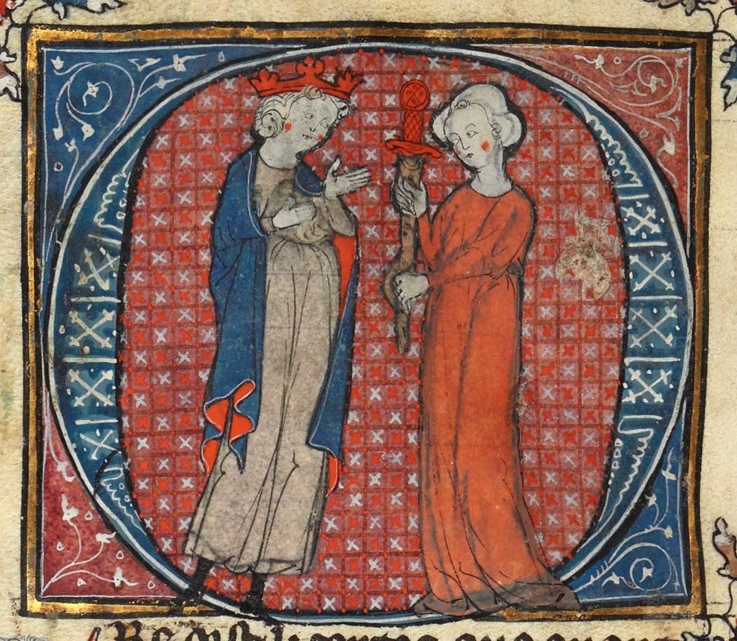 Una representación de Morgan entregando a Arturo una Excalibur falsa, de un manuscrito iluminado de parte del Ciclo post-vulgata