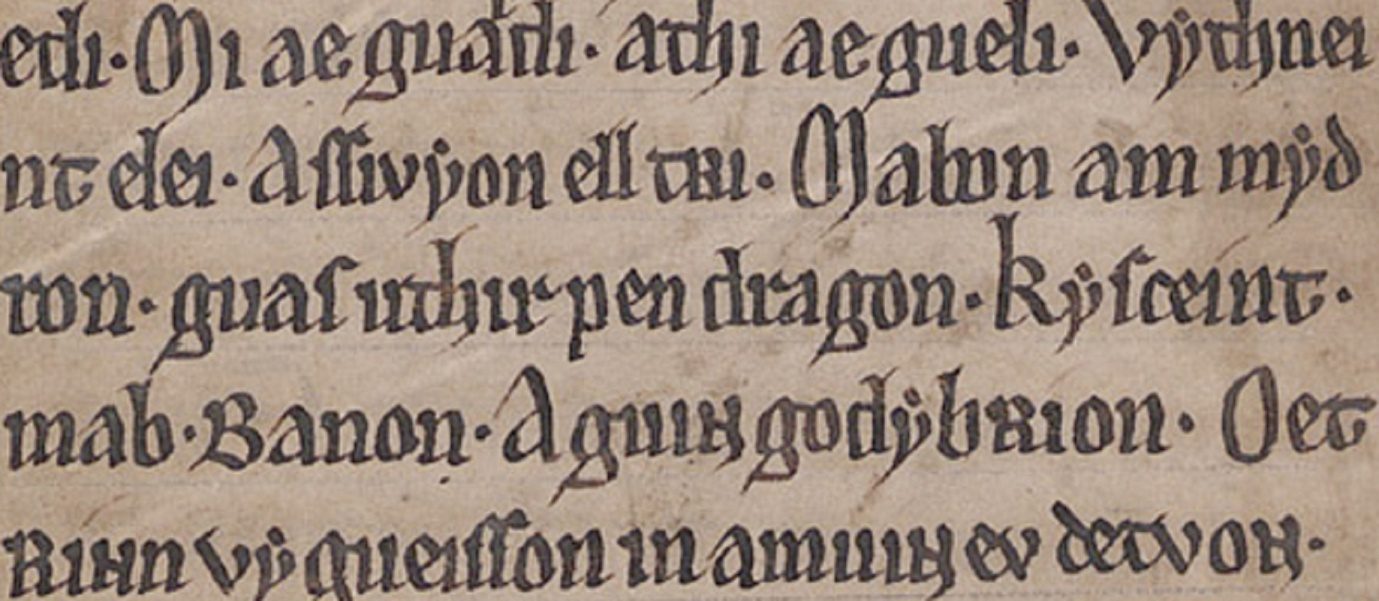 MS Peniarth 1, folio 47r, mostrando la mención de ‘uthir pen dragon’ en el poema Pa Gur.