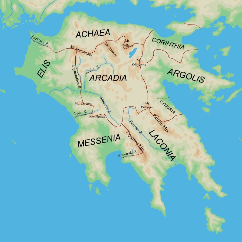 Mapa del Peloponeso, una península llamada 'nesos' por los antiguos griegos. Wikimedia Commons, CC-BY 3.0