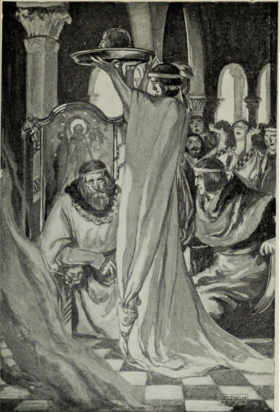 Ilustración de la escena del relato galés Peredur en la que se muestra al rey una cabeza cercenada, de Myths and Legends of the Celtic Race de T W Rolleston, 1910