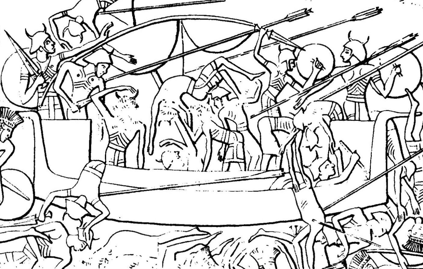 Representación de los sherden, uno de los Pueblos del Mar, tal como aparece en el templo de Medinet Habu de la época de Ramsés III