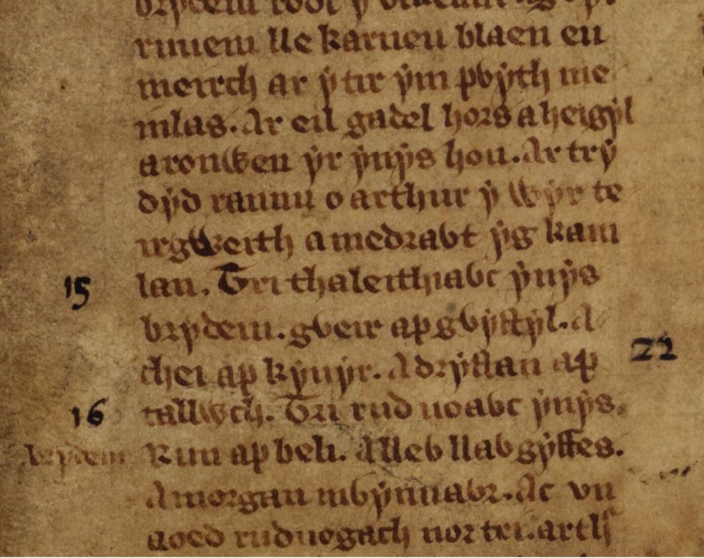 Una referencia a la batalla de Camlann en las Tríadas galesas, Libro Blanco de Rhydderch, folio 56r